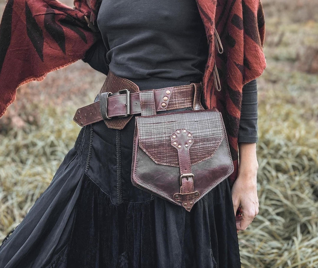 Handmade Leather Belt With Detachable Bag: Dark Boho Festival