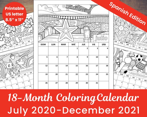 Spanish 18 Month July 2020 To December 2021 Printable Calendar Etsy december 2021 calendar coloring page