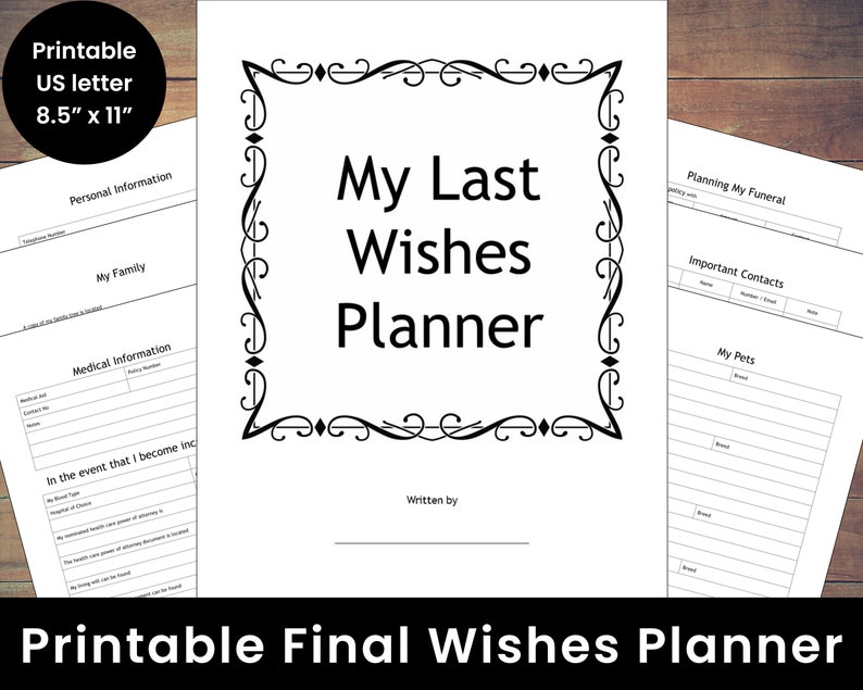 My Last Wishes Planner 85 X 11 Us Letter Size Pdf Printable Etsy