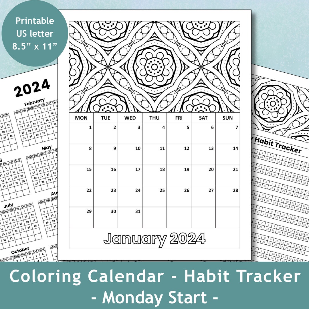 Printable 2024 Dated 1-page Monthly Coloring Calendar and Habit Tracker ...