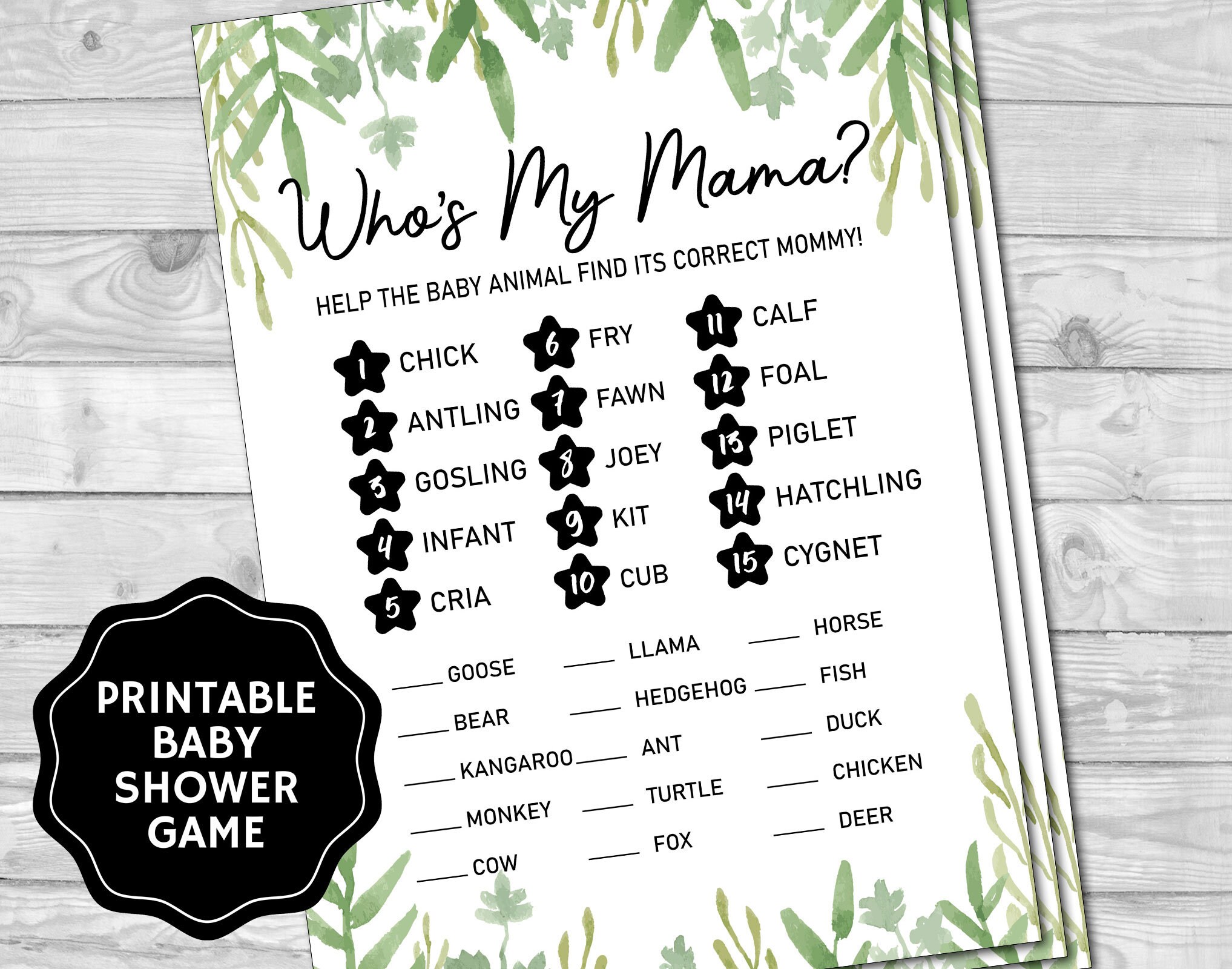 Whos My Mama Greenery Baby Shower Games Baby Shower Games Etsy