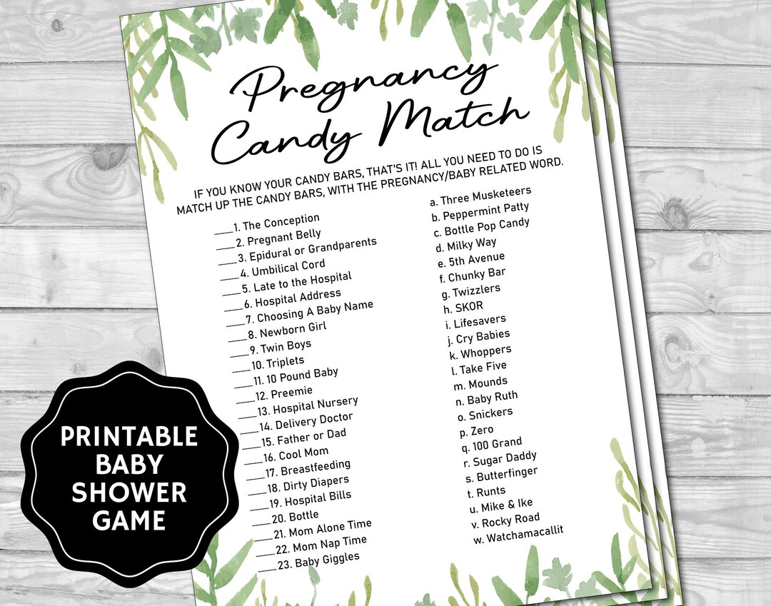 Pregnancy Candy Match Greenery Baby Shower Games Baby Shower Etsy