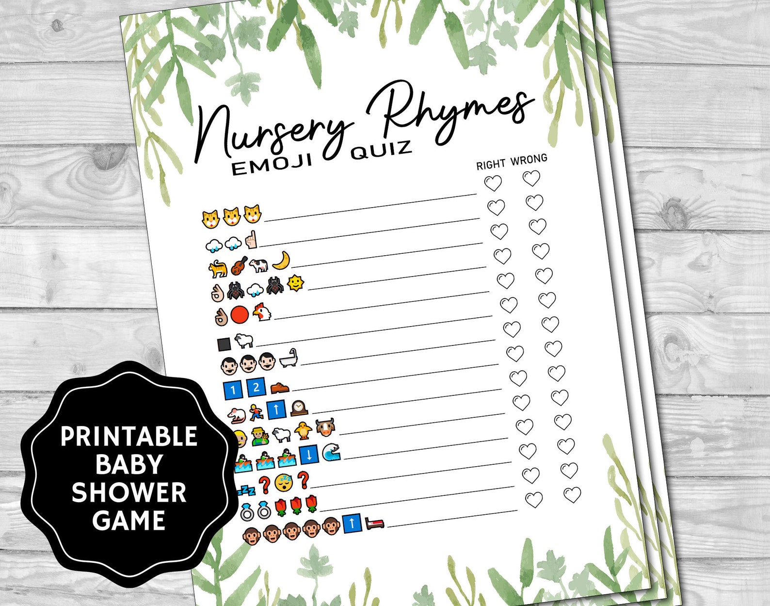 Nursery Rhymes Emoji Pictionary, Greenery Baby Shower Games, Baby ...