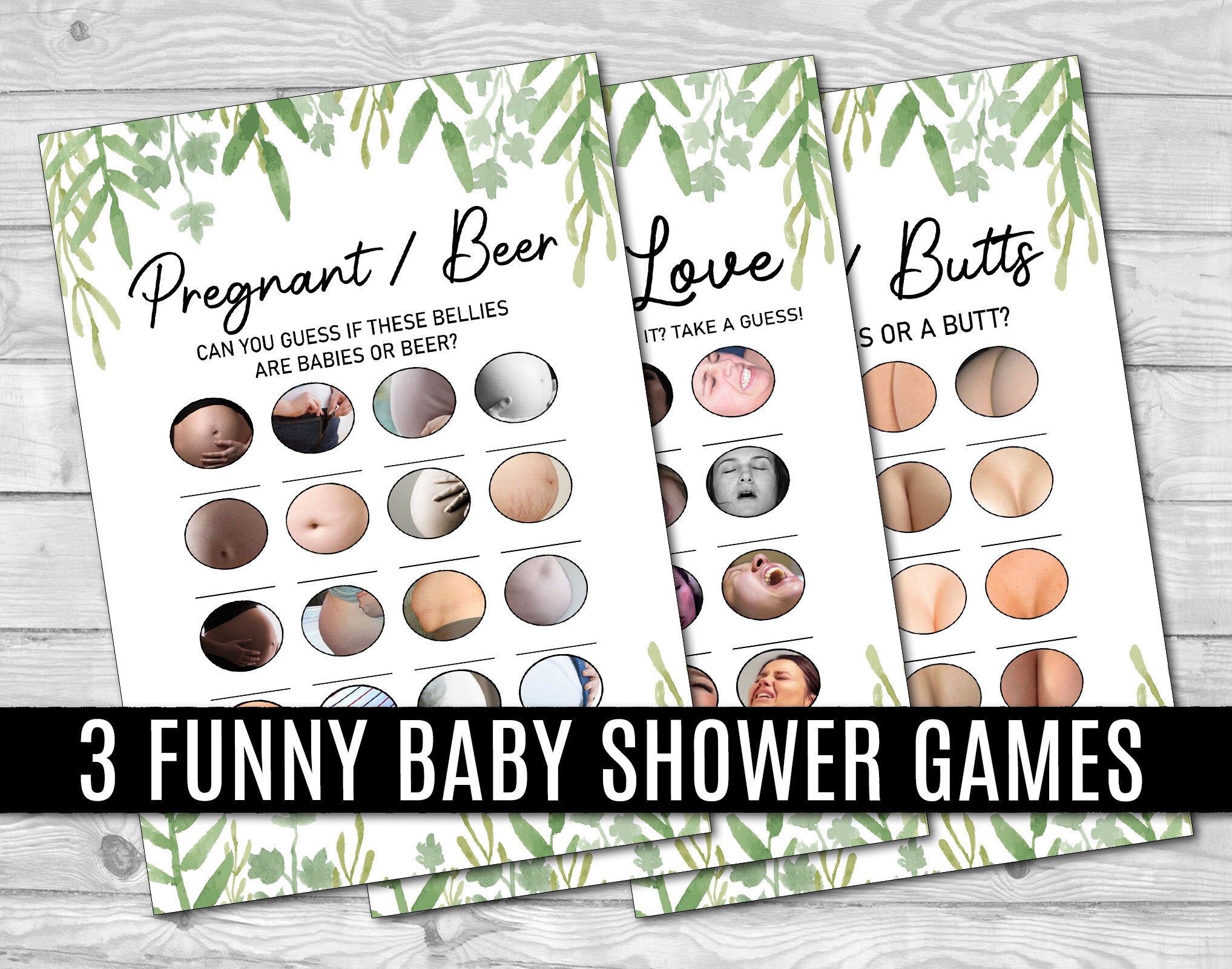 3 Greenery Baby Shower Games, Boobs or Butt, Baby Shower Games Bundle ...