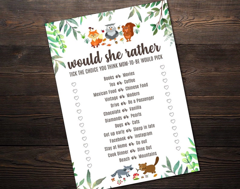 Would She Rather Baby Shower Game Woodland Baby Shower Instant Download Baby Shower Games WDLN #073 Would Mommy Rather