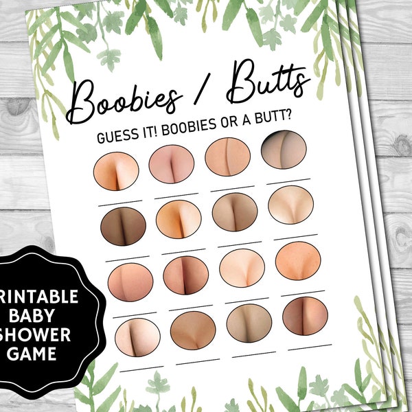 Boobiess Butt, Greenery Baby Shower Games, Baby Shower Games Printable, Green Baby Shower, DIY Baby Shower