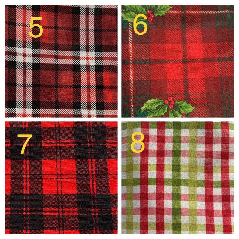 May include: Four different red and black plaid fabric swatches with the numbers 5, 6, 7, and 8 printed on them. The swatches are arranged in a 2x2 grid.