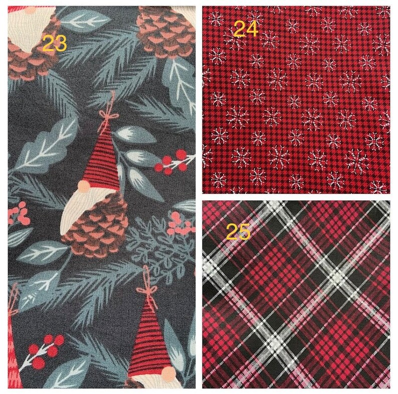 May include: Three fabric swatches with different patterns. The first swatch has a dark blue background with a white and red gnome pattern. The second swatch has a red background with a white snowflake pattern. The third swatch has a red and black plaid pattern.