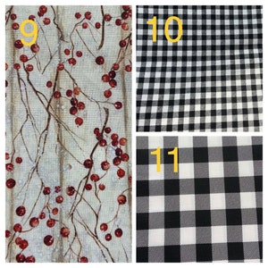 May include: Three fabric swatches, one with a white background and a red berry branch pattern, one with a black and white gingham pattern, and one with a larger black and white gingham pattern.
