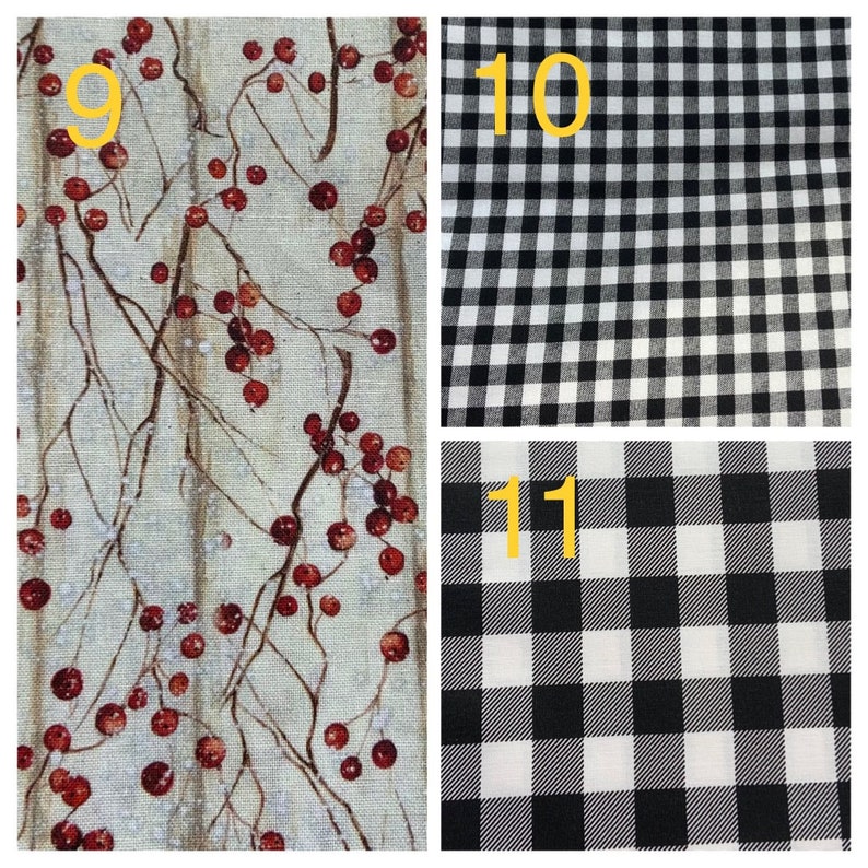 May include: Three fabric swatches, one with a white background and a red berry branch pattern, one with a black and white gingham pattern, and one with a larger black and white gingham pattern.