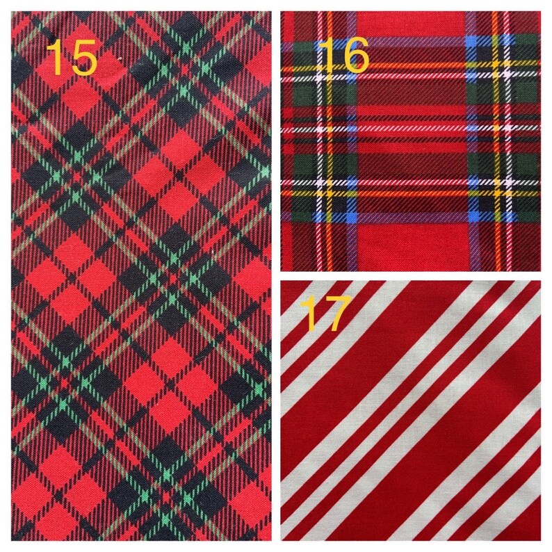 May include: Three fabric swatches with numbers 15, 16, and 17. The first swatch is a red and black plaid pattern. The second swatch is a red, green, blue, and yellow plaid pattern. The third swatch is a red and white striped pattern.