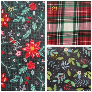 May include: Three fabric swatches featuring Christmas-themed patterns. The first swatch has a dark green background with red poinsettias, green leaves, and white snowflakes. The second swatch has a red and green plaid pattern. The third swatch has a black background with green leaves, red berries, and white snowflakes.