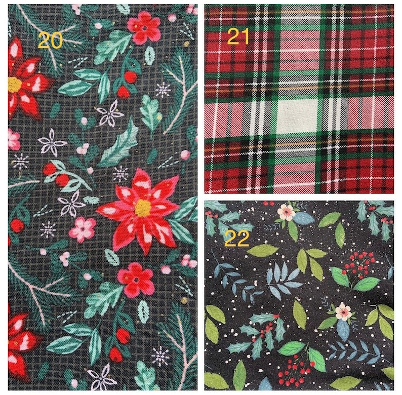 May include: Three fabric swatches featuring Christmas-themed patterns. The first swatch has a dark green background with red poinsettias, green leaves, and white snowflakes. The second swatch has a red and green plaid pattern. The third swatch has a black background with green leaves, red berries, and white snowflakes.