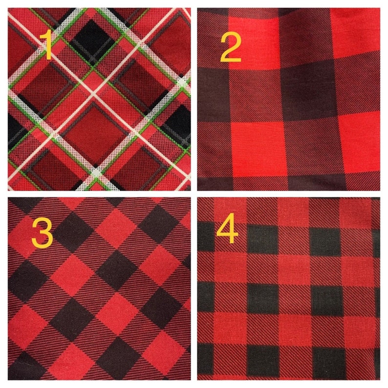 May include: Four different red and black plaid patterns. The patterns are numbered 1 through 4.
