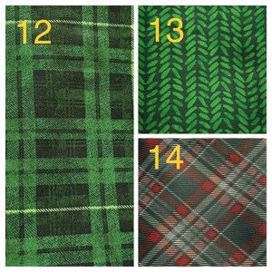 May include: Three fabric swatches with different patterns. The first swatch is a green plaid pattern with a white stripe. The second swatch is a green fabric with a repeating leaf pattern. The third swatch is a black, red, and white plaid pattern.