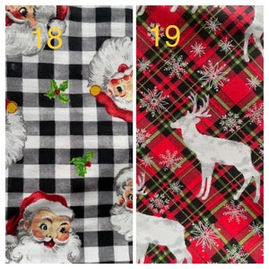 May include: Two fabric swatches featuring Christmas themes. The left swatch is black and white gingham with a repeating pattern of Santa Claus. The right swatch is red and green plaid with a repeating pattern of a white reindeer and snowflakes. The swatches are labelled 18 and 19.