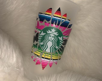 Starbucks cup, Gepersonaliseerde Starbucks Serape zonnebloem / vlinders cup, Serape design cup, kleurrijke zonnebloem cup, Koffie minnaar tumbler