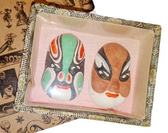 Máscaras japonesas vintage pintadas à mão: decoração teatral, conjunto de 2