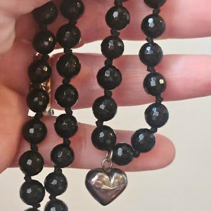 Vintage Handmade Faceted Jet Necklace, Beaded Jet Necklace Sterling Silver Heart & Clasp 925 Black Beaded Necklace Gemstone Jet Gift 47cm