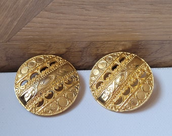 Vintage Oversized Retro Clip On Earrings, Large Gold 4cm Clip Ons, Avant Garde Earrings, Boho Gift, Extra Large Button Earrings Cut Out