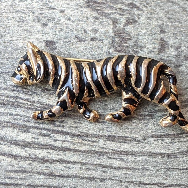 Steam Punk Gift, Tiger Brooch, Painted Dog Brooch, Gothic Brooch, Kitsch Tiger, Tiger Gift, 1970's Brooch Pin, Retro Tiger, Black and Gold