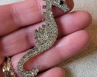 Vintage Rhinestone Sea Horse Brooch: 1970s Ocean Jewelry
