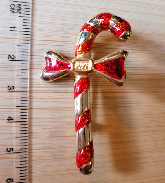 Vintage Red & Gold Candy Cane Brooch Pin, Signed … - image 4