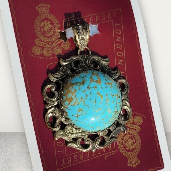 Vintage Faux Turquoise Art Glass Necklace, Silver… - image 1