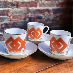 Handmade Vintage Espresso Cup Set x 3 Mini Tea Cup Set STERLING SILVER TRIM 800, Coffee Cup Set, Orange Geometric Chinese 1960s Ceramics