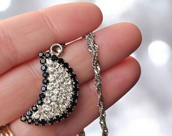 Vintage Rhinestone Crescent Moon Necklace: Celestial Pagan Jewelry