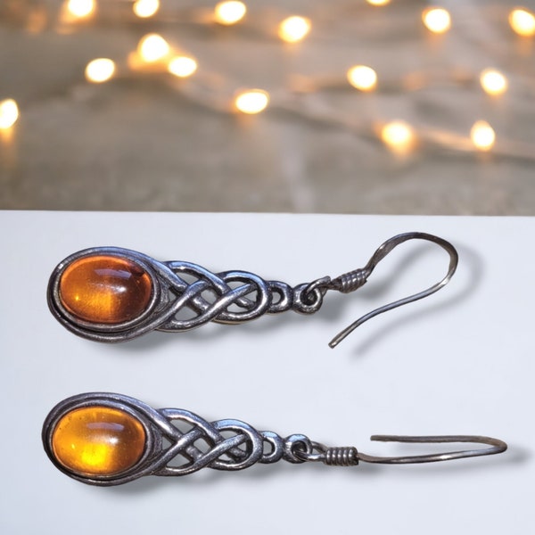 Vintage SEA GEMS Jewelry Solid Sterling Silver Orange Mandarin Garnet Earrings Dangle Drop, 925 Celtic Knot Earrings Gift For Her, Seagems