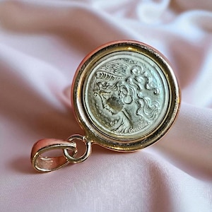 Vintage Solid 9ct Gold Charm Necklace, 1cm Tiny Pendant 9k Mounted Sterling Silver Greek Coin Pendant IBB Love Talisman Valentines Day Gift