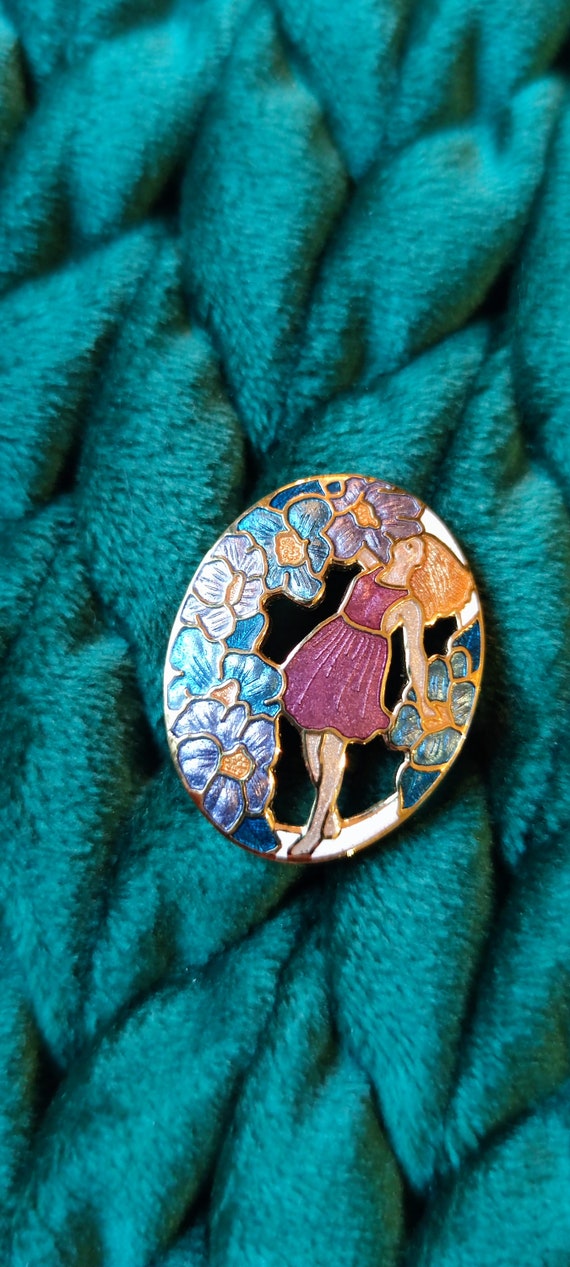 Vintage Cloisonné Brooch, Cloisonne Blonde Girl B… - image 2