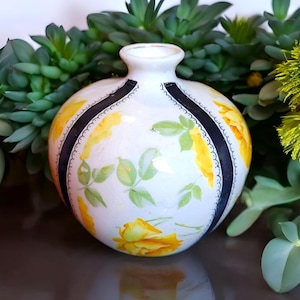 Sale- Vintage Art Deco Vase, Yellow & Black Rose Bud Vase, Single Flower Vase, Art Glass Gift 1920s Handpainted Pottery Gift For Her, Retro