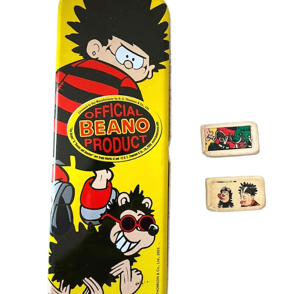 Vintage Dennis The Menace Beano Pencil Tin, 2003 Dennis The Menace Pencil Case, 1988 & 1990 Eraser Rubber, Retro Stationary Gift For Him,