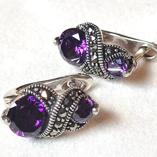 GEM-inside 11x22mm Rectangle Marcasite Earrings - Tibetan Silver Boho Jewelry - View #5