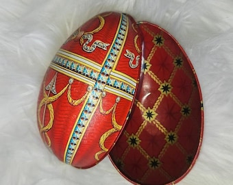 Pudełko na drobiazgi w stylu Fabergé w kolorze czerwonym, w kształcie jajka wielkanocnego: metalowa puszka do przechowywania