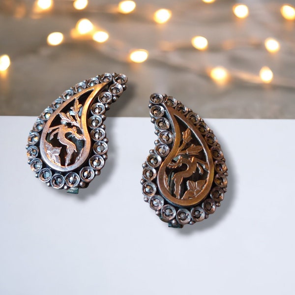 Vintage Clip On Earrings, Cut Out Marcasite Deer Earrings, Paisley Oversized Sterling Silver Brass Clip Ons 9ct Rolled Rose Gold Handmade