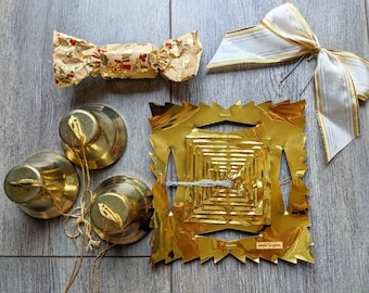 1920s Foil Garland & Vintage Large Brass Bells, Christmas Decor, Ornaments, Christmas Baubles, Christmas Cracker, Big Metal Bells Lot17