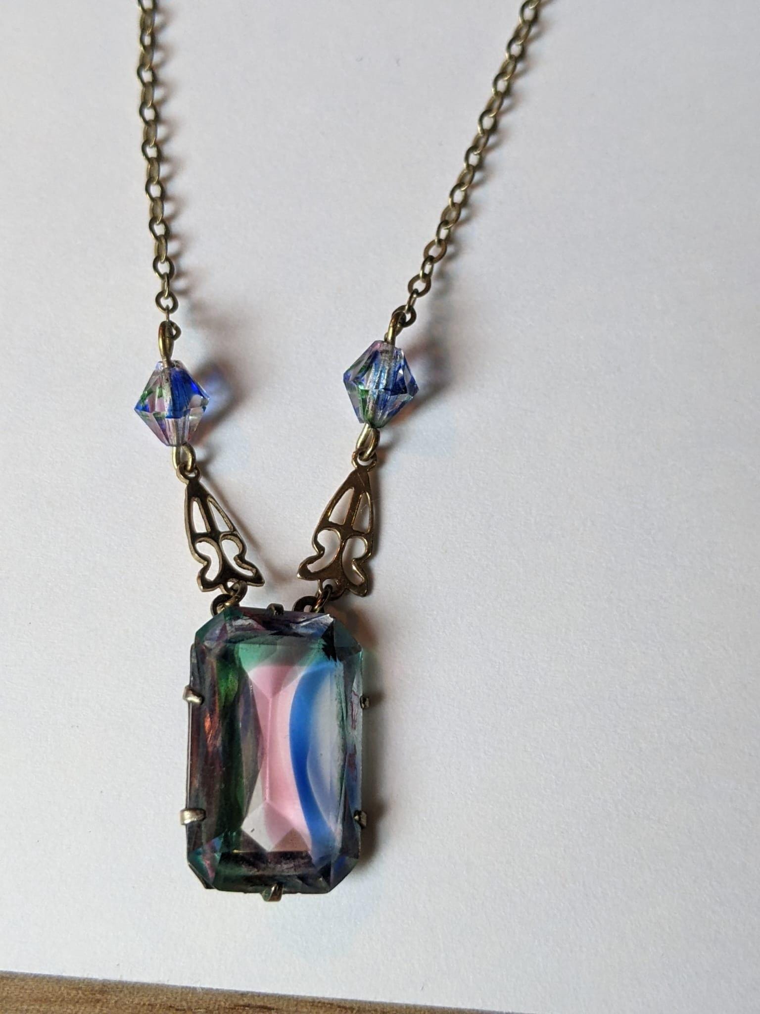 Art Deco Iris Glass Necklace: Rare Czech Baguette Crystal