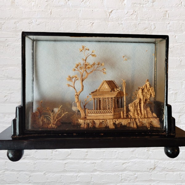 Diorama vintage chinois en liège sculpté, décoration artistique en verre, pagode grues, boîte et support en verre, cadeau chinois des années 40 pour elle