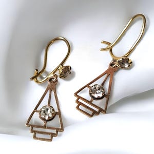 Signed 375 Vintage 9ct Gold Crystal Triangle Earrings, Minimilist Modrrnist 9K Geometric Earrings Bridal Earrings Celestial Wedding Earrings