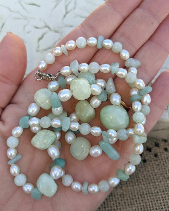 Vintage Jade & Pearl Necklace, Real Cultured Pear… - image 3