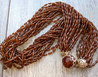 Vintage Multistrand Necklace,Extra Long, Celluloid Lucite Triple Strand Necklace Signed "Made In Hong Kong" 1960s Costume Retro Gift For Her