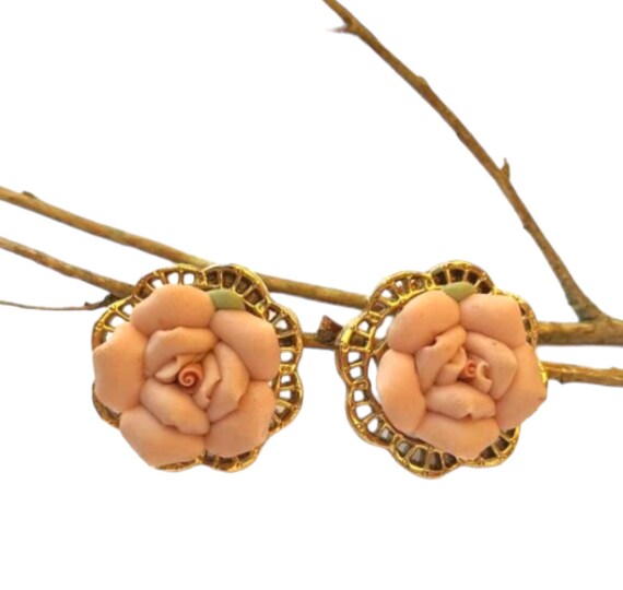 Vintage Rose Earrings, Cottage Core Rose Clip On'… - image 10