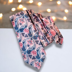 Vintage Floral Tie, 1980s Retro Tie, 100% Cotton Gift For Him, William Morris Style Turquoise & Pink Tie, 1970s Costume Mens Vintage Fashion