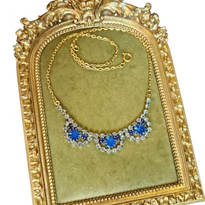 Vintage Art Deco Necklace Gold Toned Cobalt Blue Crystal Czech Glass Necklace, Chandelier Crystal Rhinestone Necklace, Something Blue Gift