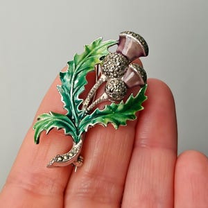 Signed BJL Thistle Brooch, Vintage Jewlry, Bohemian Jewellers, Marcasite Kilt Pin, Thistle Flower Brooch, Scottish Celtic Gift Enamel Pin
