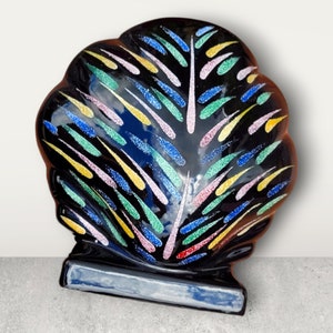 Mid Century Keramik Muschelschale, Art-Deco-Stil Muschelschale, handgefertigte Glitzereffekt signiert JUNI HP Vintage Regenbogenvase