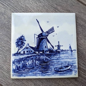 Vintage Delftware Tile, Ornate Windmill Tile, Blue & White Decorative Tile, Delft Blue Handpainted Tile Made In Holland, Windmill Gift Decor